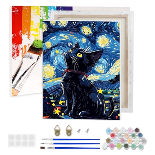 AIRDEA Katze Malen nach Zahlen Erwachsene, Sternennacht DIY Handgemalt Ölgemälde Kit, Paint by Numbers mit 3-Pinseln und Acrylfarbe 30x40 cm (Gerahmt) von AIRDEA