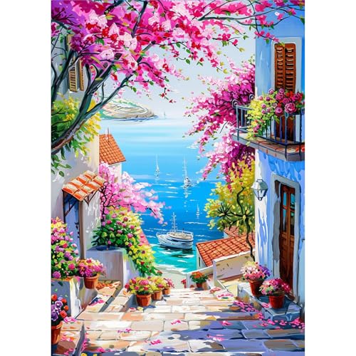 AIRDEA Landschaft Diamond Painting Erwachsene, DIY 5D Rosa Blüten Diamant Painting Bilder, Bastelset Erwachsene Frauen als Haus Wanddeko 30x40 cm von AIRDEA