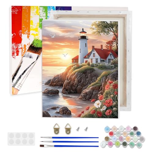 AIRDEA Küstenleuchtturm Malen nach Zahlen Erwachsene, Landschaft DIY Handgemalt Ölgemälde Kit, Paint by Numbers mit 3-Pinseln und Acrylfarbe 30x40 cm (Gerahmt) von AIRDEA
