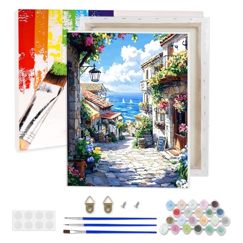 AIRDEA Küstenstadt Malen nach Zahlen Erwachsene, Blumenstraßen DIY Handgemalt Ölgemälde Kit, Paint by Numbers mit 3-Pinseln und Acrylfarbe 30x40 cm (Gerahmt) von AIRDEA