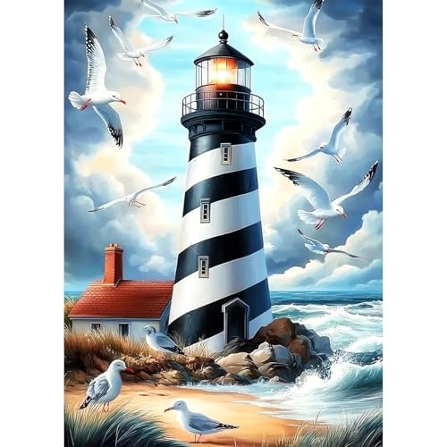 AIRDEA Leuchtturm Diamond Painting Erwachsene, DIY 5D Möwen Diamant Painting Bilder, Bastelset Erwachsene Frauen als Haus Wanddeko 30x40 cm von AIRDEA