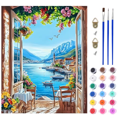 AIRDEA Meerblick Malen nach Zahlen Erwachsene, DIY Handgemalt Ölgemälde Kit, Küstennatur Paint by Numbers mit 3-Pinseln und Acrylfarbe 40x50 cm (Ohne Rahmen) von AIRDEA