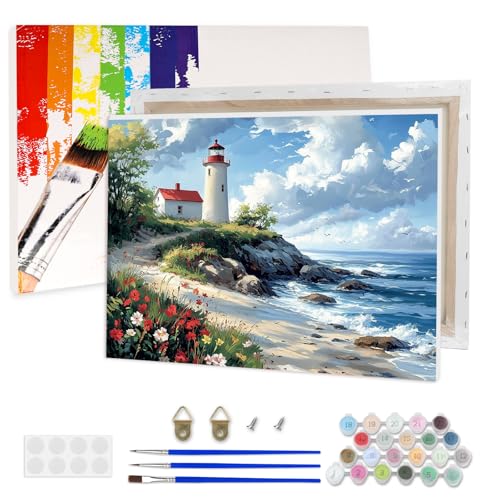 AIRDEA Meeresleuchtturm Malen nach Zahlen Erwachsene, DIY Handgemalt Ölgemälde Kit, Strandfelsen Paint by Numbers mit 3-Pinseln und Acrylfarbe 40x30 cm (Gerahmt) von AIRDEA