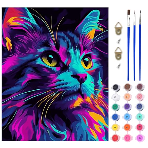 AIRDEA Neonkatze Malen nach Zahlen Erwachsene, DIY Handgemalt Ölgemälde Kit, Cartoon Paint by Numbers mit 3-Pinseln und Acrylfarbe 40x50 cm (Ohne Rahmen) von AIRDEA
