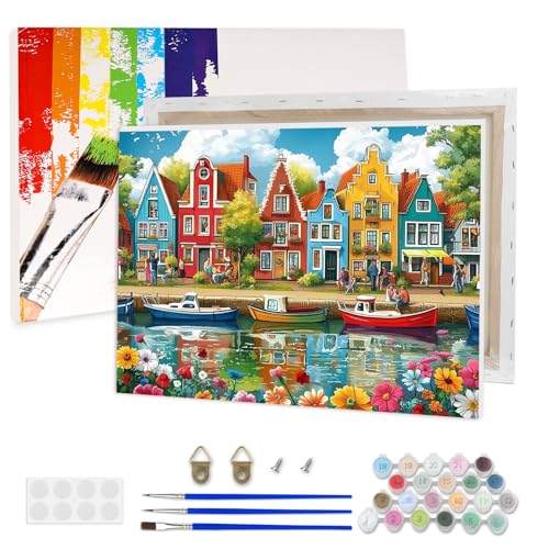 AIRDEA Niederländische Häuser Malen nach Zahlen Erwachsene, Blumenboote DIY Handgemalt Ölgemälde Kit, Paint by Numbers mit 3-Pinseln und Acrylfarbe 40x30 cm (Gerahmt) von AIRDEA