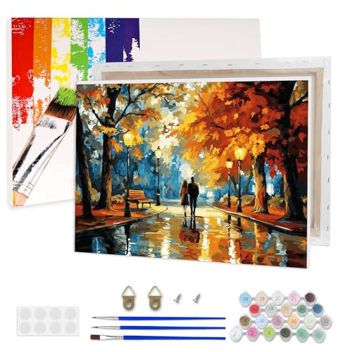 AIRDEA Paar Spaziergang Malen nach Zahlen Erwachsene, Herbstabend DIY Handgemalt Ölgemälde Kit, Paint by Numbers mit 3-Pinseln und Acrylfarbe 40x30 cm (Gerahmt) von AIRDEA