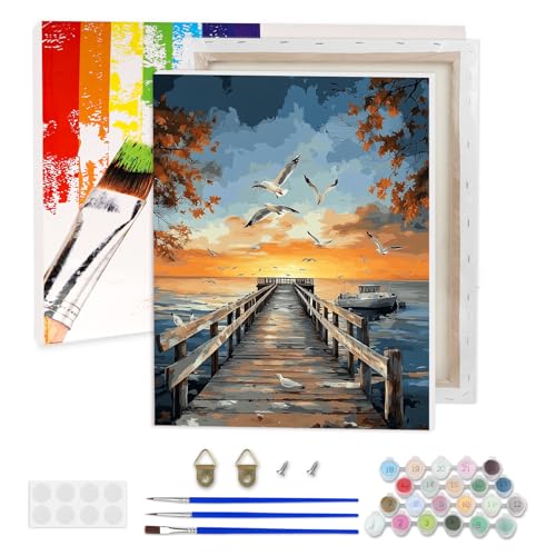 AIRDEA Pier Malen nach Zahlen Erwachsene, DIY Handgemalt Ölgemälde Kit, Möwen Paint by Numbers mit 3-Pinseln und Acrylfarbe 30x40 cm (Gerahmt) von AIRDEA