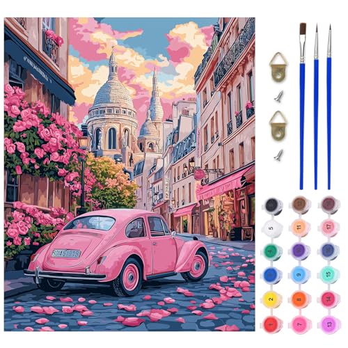 AIRDEA Rosa Auto Malen nach Zahlen Erwachsene, DIY Handgemalt Ölgemälde Kit, Pariser Straße Paint by Numbers mit 3-Pinseln und Acrylfarbe 40X50 cm (Ohne Rahmen) von AIRDEA