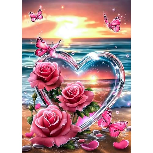 AIRDEA Kristallherz Diamond Painting Erwachsene, DIY 5D Rosa Rosen Diamant Painting Bilder, Bastelset Erwachsene Frauen als Haus Wanddeko 30x40 cm von AIRDEA