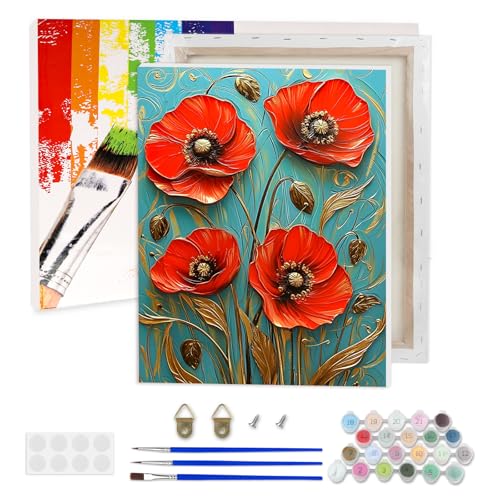AIRDEA Rote Mohnblumen Malen nach Zahlen Erwachsene, DIY Handgemalt Ölgemälde Kit, Landschaft Paint by Numbers mit 3-Pinseln und Acrylfarbe 30x40 cm (Gerahmt) von AIRDEA