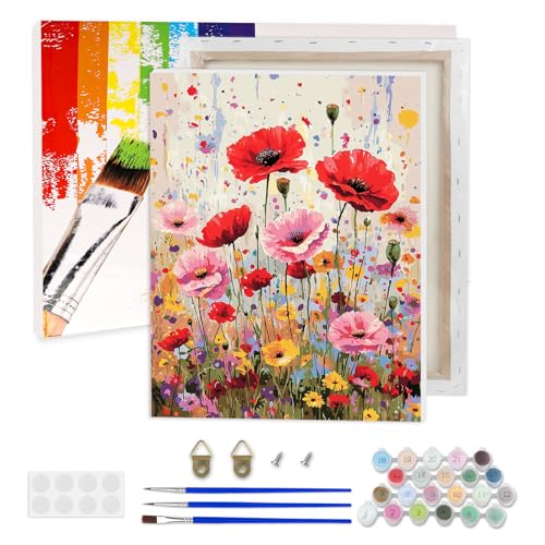 AIRDEA Rote Mohnblumen Malen nach Zahlen Erwachsene, Wiese DIY Handgemalt Ölgemälde Kit, Paint by Numbers mit 3-Pinseln und Acrylfarbe 30x40 cm (Gerahmt) von AIRDEA