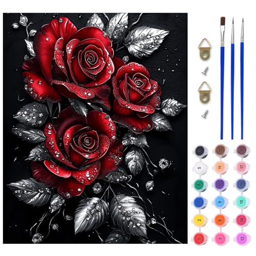 AIRDEA Rote Rosen Malen nach Zahlen Erwachsene, DIY Handgemalt Ölgemälde Kit, Silberne Blätter Paint by Numbers mit 3-Pinseln und Acrylfarbe 40x50 cm (Ohne Rahmen) von AIRDEA