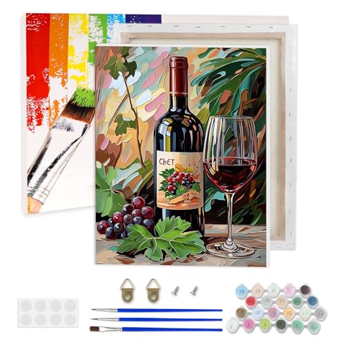 AIRDEA Rotwein Malen nach Zahlen Erwachsene, DIY Handgemalt Ölgemälde Kit, Grünes Blatt Paint by Numbers mit 3-Pinseln und Acrylfarbe 30x40 cm (Gerahmt) von AIRDEA