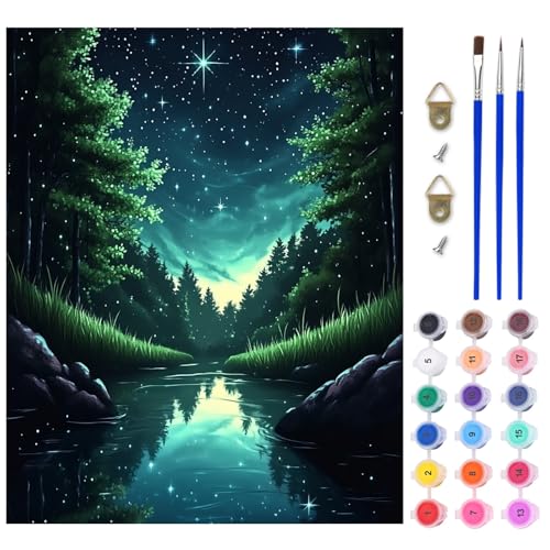 AIRDEA Ruhiger Wald Malen nach Zahlen Erwachsene, DIY Handgemalt Ölgemälde Kit, Sternennacht Paint by Numbers mit 3-Pinseln und Acrylfarbe 40x50 cm (Ohne Rahmen) von AIRDEA