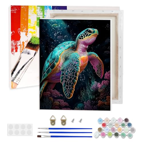 AIRDEA Schildkröte Malen nach Zahlen Erwachsene, Tiefsee DIY Handgemalt Ölgemälde Kit, Paint by Numbers mit 3-Pinseln und Acrylfarbe 30x40 cm (Gerahmt) von AIRDEA