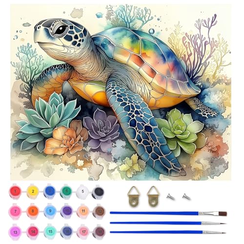 AIRDEA Schildkrötenkorallen Malen nach Zahlen Erwachsene, DIY Handgemalt Ölgemälde Kit, Sukkulenten Paint by Numbers mit 3-Pinseln und Acrylfarbe 50x40 cm (Ohne Rahmen) von AIRDEA