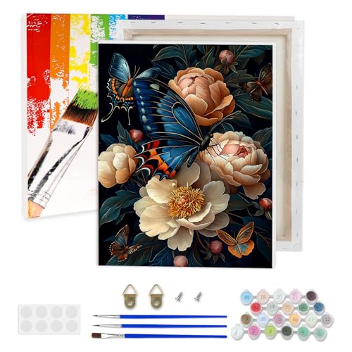 AIRDEA Schmetterling Malen nach Zahlen Erwachsene, DIY Handgemalt Ölgemälde Kit, Pfingstrosen Paint by Numbers mit 3-Pinseln und Acrylfarbe 30x40 cm (Gerahmt) von AIRDEA