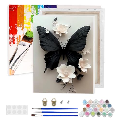 AIRDEA Schmetterling Malen nach Zahlen Erwachsene, Weiße Blume DIY Handgemalt Ölgemälde Kit, Paint by Numbers mit 3-Pinseln und Acrylfarbe 30x40 cm (Gerahmt) von AIRDEA