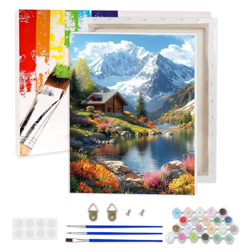 AIRDEA Schneebedeckte Berge Malen nach Zahlen Erwachsene, DIY Handgemalt Ölgemälde Kit, Seehaus Paint by Numbers mit 3-Pinseln und Acrylfarbe 30x40 cm (Gerahmt) von AIRDEA