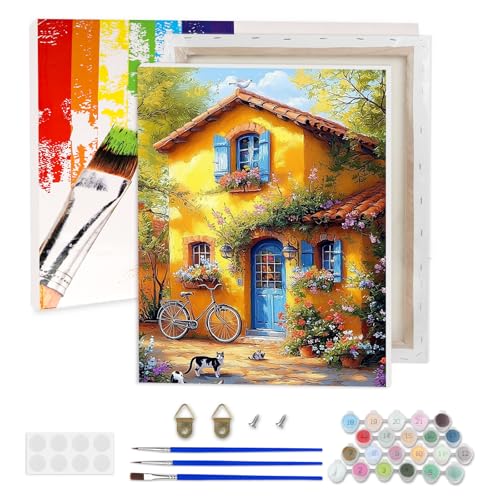 AIRDEA Schönes Haus Malen nach Zahlen Erwachsene, DIY Handgemalt Ölgemälde Kit, Blumenbäume Paint by Numbers mit 3-Pinseln und Acrylfarbe 30x40 cm (Gerahmt) von AIRDEA