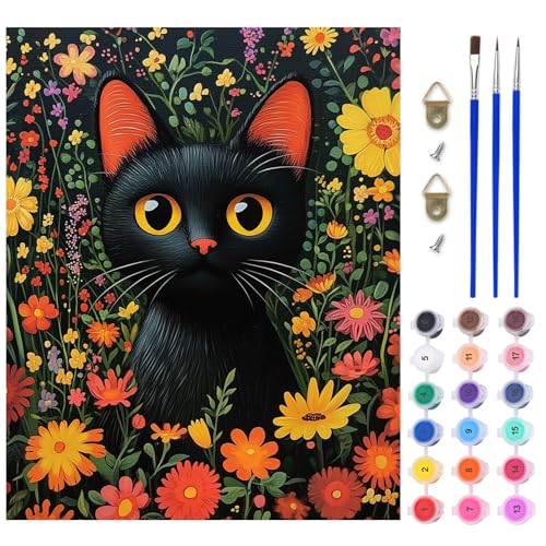 AIRDEA Schwarze Katze Malen nach Zahlen Erwachsene, DIY Handgemalt Ölgemälde Kit, Bunte Blumen Paint by Numbers mit 3-Pinseln und Acrylfarbe 40x50 cm (Ohne Rahmen) von AIRDEA