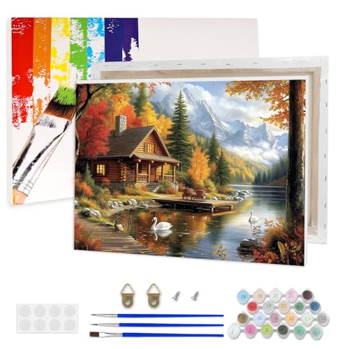 AIRDEA Seehütte Malen nach Zahlen Erwachsene, DIY Handgemalt Ölgemälde Kit, Berge Paint by Numbers mit 3-Pinseln und Acrylfarbe 40x30 cm (Gerahmt) von AIRDEA