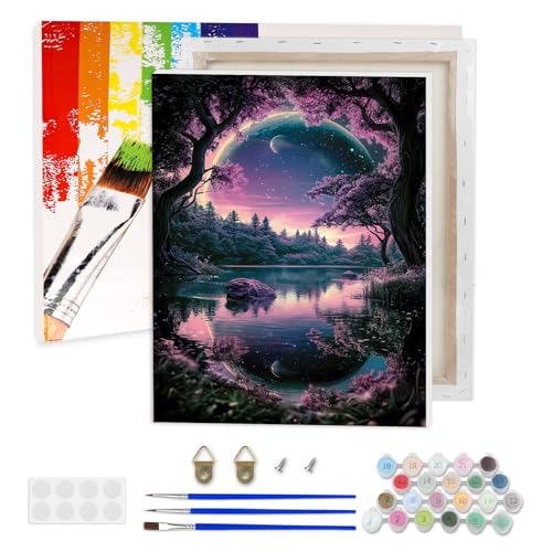 AIRDEA Seespiegelung Malen nach Zahlen Erwachsene, Sternenhimmel DIY Handgemalt Ölgemälde Kit, Paint by Numbers mit 3-Pinseln und Acrylfarbe 30x40 cm (Gerahmt) von AIRDEA