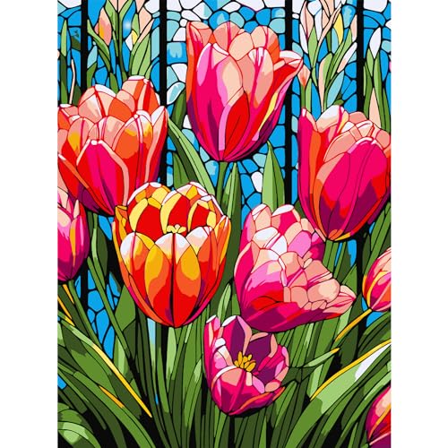 AIRDEA Tulpe Malen nach Zahlen Erwachsene, DIY Handgemalt Ölgemälde Kit, Buntglas Paint by Numbers mit 3-Pinseln und Acrylfarbe 30x40 cm (Ohne Rahmen) von AIRDEA