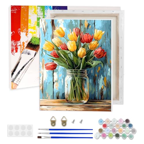 AIRDEA Tulpen Malen nach Zahlen Erwachsene, DIY Handgemalt Ölgemälde Kit, Einmachglas Paint by Numbers mit 3-Pinseln und Acrylfarbe 30x40 cm (Gerahmt) von AIRDEA