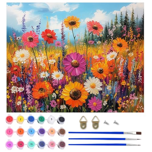 AIRDEA Wilde Blumen Malen nach Zahlen Erwachsene, DIY Handgemalt Ölgemälde Kit, Buntes Feld Paint by Numbers mit 3-Pinseln und Acrylfarbe 50x40 cm (Ohne Rahmen) von AIRDEA