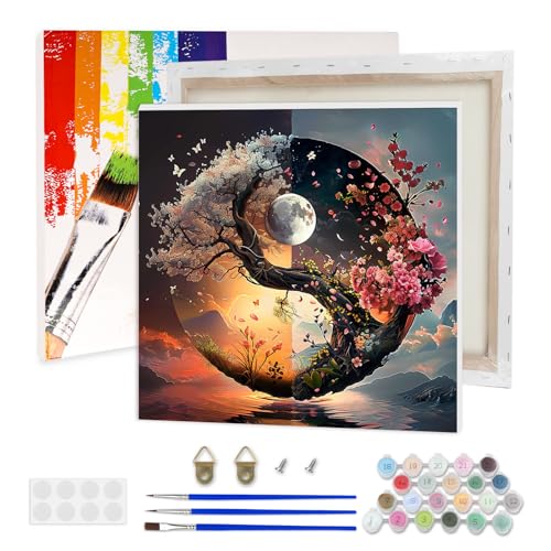 AIRDEA Yin Yang Baum Malen nach Zahlen Erwachsene, DIY Handgemalt Ölgemälde Kit, Mond Paint by Numbers mit 3-Pinseln und Acrylfarbe 30x30 cm (Gerahmt) von AIRDEA