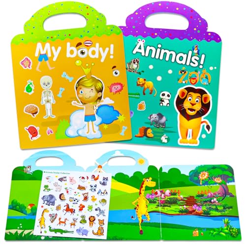 Wiederverwendbare Sticker Kinder 2 Pack Sticker Kinder Mein Körper und Tiere, Stickerbuch ab 2 Jahre, Sticker Set mit Kreative Spiel Szene und Aufkleber Illustrationen, Stickerheft für Junge Mädchen von AIRNOGO