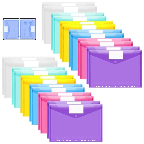 24 Stück Dokumentenmappe A4 Dokumententasche mit 11 Binderlöcher Transparent Sammelmappen mit Druckknopf und Etikettentasche 6 Farbe Dokumententasche Kunststoff Organizer Tasche von AISHOW
