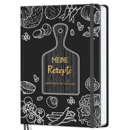 AITBOLFIT Rezeptbuch zum Selberschreiben A5 - Kochbuch selbst schreiben mit 150 Rezepten - inkl. Inhaltsverzeichnis, Buchmarkband & Tasche - praktisch & übersichtlich (Schwarz) von AITBOLFIT