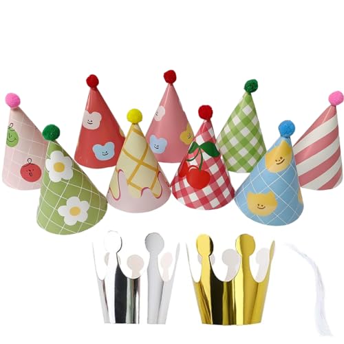 AIXYEA Kindergeburtstags-Partyhüte, 12 Stück, farbenfrohe Feier-Kopfbedeckungen, zum Geburtstag,Bunte Party Kegel Hüte, für eine lustige Dekoration, 9 Partyhut mit Pompoms & 2 Geburtstag Krone,Kordel von AIXYEA
