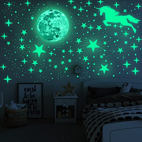 AIYONG 893 Stück Leuchtsterne Unicorn Wandtattoo Junge Wandsticker Selbstklebend Mädchen Sternenhimmel Kinderzimmer Leuchtaufkleber Mond Sterne Fluoreszierend Wand Aufkleber Schlafzimmer von AIYONG