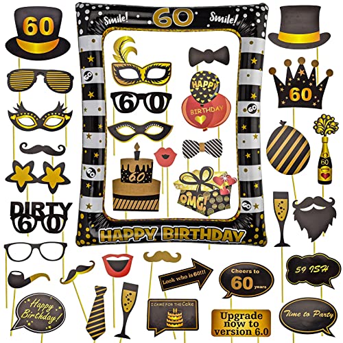 AIYONG 60. Geburtstag Deko Fotorequisiten, Schwarzes Gold Aufblasbarer Rahmen zum 60.Geburtstag und 35 Stück Foto Requisiten, 60th Geburtstag Frau Mann Party Foto Booth Props Geschenke von AIYONG