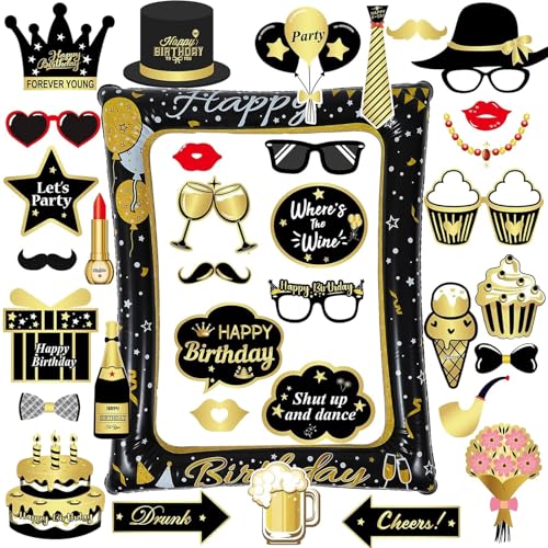 AIYONG Geburtstag Aufblasbarer Bilderrahmen mit 35 PCS Foto Requisiten, Aufblasbarer Fotorahmen, Happy Birthday Photo Booth, Schwarz Gold Fotobox Accessoires, Geburtstag Party Zubehör AIYONG Geburtstag Aufblasbarer Bilderrahmen mit 35 PCS Foto Requisiten, Aufblasbarer Fotorahmen, Happy Birthday Photo Booth, Schwarz Gold Fotobox Accessoires, Geburtstag Party Zubehör von AIYONG