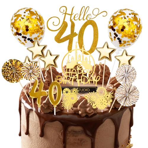 AIYONG Tortendeko 40 Geburtstag Frau Mann, Cake Topper 40 Happy Birthday, 17Pcs Kuchen Geburtstag Deko, Topper mit Zahlenkerze 40, Sternen Konfetti-Luftballons und Papierfächer Gold von AIYONG