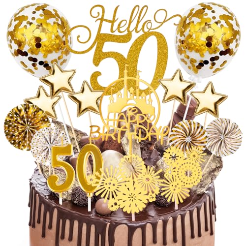 AIYONG Tortendeko 50 Geburtstag Frau Mann, Cake Topper 50 Happy Birthday, 17Pcs Kuchen Geburtstag Deko, Topper mit Zahlenkerze 50, Sternen Konfetti-Luftballons und Papierfächer Gold AIYONG Tortendeko 50 Geburtstag Frau Mann, Cake Topper 50 Happy Birthday, 17Pcs Kuchen Geburtstag Deko, Topper mit Zahlenkerze 50, Sternen Konfetti-Luftballons und Papierfächer Gold von AIYONG