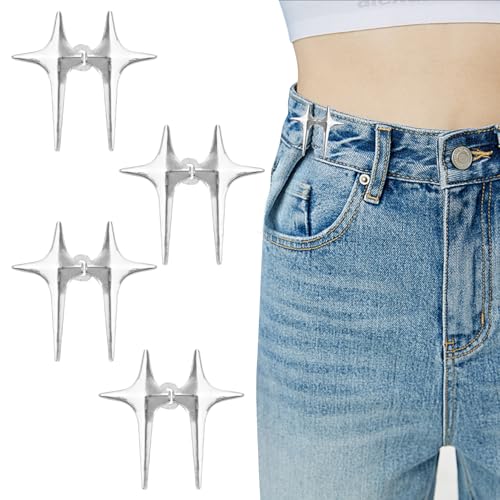 Vierzackiger Stern Jeansknöpfe Pins, 4 Paar Taillenstraffer-Clips, Jeans-Spannclips, Jeans-Taillenstraffer, verstellbare Knopfnadeln abnehmbar, Knopfversteller für Hosen, Röcke von AJinacious
