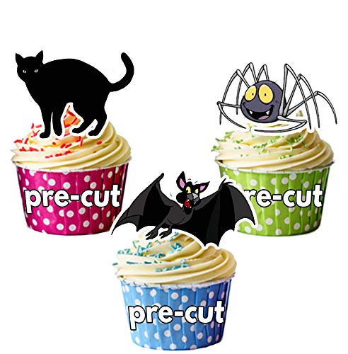 Vorgeschnittene Halloween Katzen Werwölfe Fledermäuse Mix - Essbare Cupcake Topper/Kuchendekorationen (12 Stück) von AK Gifts