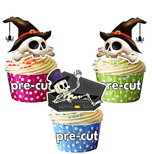 Vorgeschnittene Halloween Skelette mit Hüten - essbare Cupcake Topper/Kuchendekorationen (12 Stück) von AK Gifts