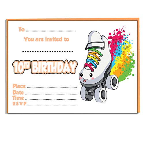 AK Giftshop Einladungskarten für Kinder mit Regenbogen und Rollschuh-Motiv, für Jungen und Mädchen, 30 Stück und farbige Umschläge (10. Geburtstag) von AK Giftshop