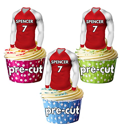AK Giftshop Vorgeschnittene, essbare Fußball-Trikots mit Ihrem gewählten Namen & Nummer – Cupcake-Topper/Kuchen-Dekoration, rot und weiß, 12 Stück von AK Giftshop