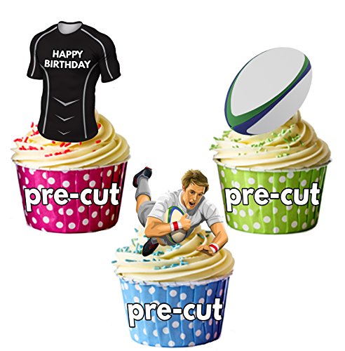 AK Giftshop vorgeschnittene Cupcake-Dekorationen, Motiv: Happy Birthday Rugby Party Pack – essbare Cupcake-Dekorationen Glasgow Warriors Farben (12 Stück) von AK Giftshop