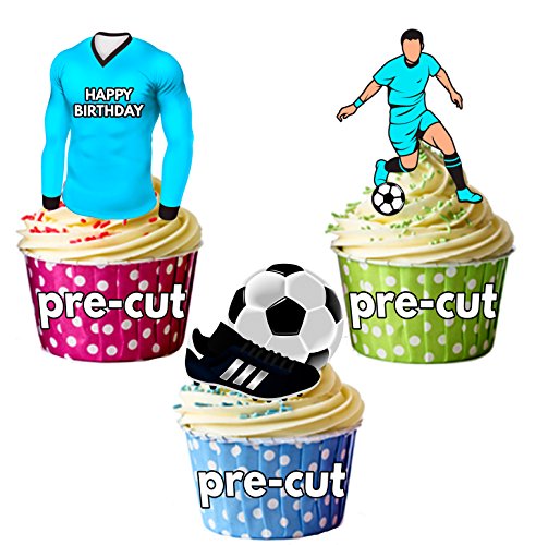 AK Giftshop vorgeschnittenen Happy Birthday Fußball Party Pack – Essbare Cupcake Topper/Kuchen Dekorationen die man city Farben (12 Stück) von AK Giftshop
