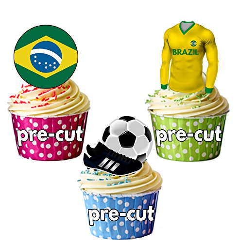 Cupcake-/Kuchendekoration, vorgeschnitten, essbar, Brasilien Fußballtrikot, Flagge und Ball mit Fußballschuh – Weltmeisterschaft 2018 Cupcake-/Kuchen-Dekorationen (12 Stück) von AK Giftshop