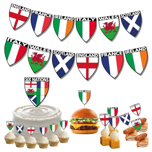 Rugby Six Nations Flagge, Party-Set, Dekorationen mit Wimpelkette, Lebensmittel-Cupcake-Picks, Toppers von AK Giftshop