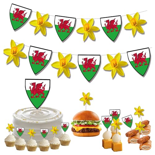St. Davids Day Welsh Wales-Dekorationen, Party-Set mit Wimpelkette, Lebensmittel-Cupcake-Aufsätze von AK Giftshop